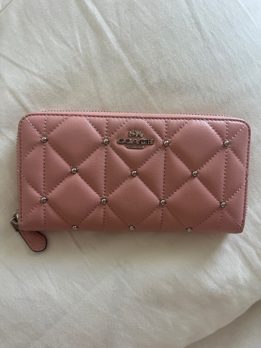 Coach Quilted Studded Zip Around Wallet in Pink